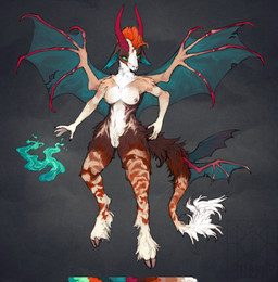 2_horns anthro biped blue_fire blue_wings breasts brown_nipples claws cloven_hooves colored_fire elemental_manipulation female female_anthro fire fire_manipulation fluffy fluffy_tail front_view fur genitals grey_background hair hooves horizontal_pupils horn looking_at_viewer magic membrane_(anatomy) membranous_wings multicolored_body multicolored_fur neck_tuft nipples nude orange_hair pupils red_horn simple_background solo spread_wings standing stripes tail tail_tuft tuft unguligrade vulva wing_claws winged_tail wings morahasrisen mythology orgashii_(froja_blake) bovid caprine caprine_demon demon goat mammal mythological_creature absurd_res digital_media_(artwork) full-length_portrait hi_res portrait
