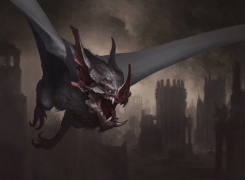 ambiguous_gender architecture city city_background cityscape claws dark fangs feral flying front_view gothic_architecture membrane_(anatomy) membranous_wings night open_mouth red_eyes solo spread_wings teeth tusks wings alejandro_mirabal hasbro magic:_the_gathering wizards_of_the_coast bat mammal official_art