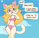 anthro beach blonde_hair blue_eyes blush breasts camel_toe clothing coy female fur hair looking_at_viewer medium_breasts seaside solo speech_bubble swimwear tail text white_body white_fur payanuma mario_bros nintendo cat_peach princess_peach felid feline mammal english_text hi_res