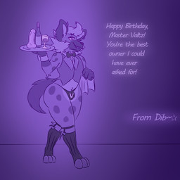 4_fingers alcohol anthro beverage bow_tie bulge butler butt clothing dildo ear_piercing exclamation_point fangs fingers footwear fur garter_belt garter_belt_socks garter_straps heart_eyes heart_symbol hypnosis looking_at_viewer male mind_control piercing purple_body purple_fur sex_toy shadow simple_background slave smile socks solo spots teeth text thong topwear underwear vest wide_hips dibtheyeen dib_(dibtheyeen) hyena mammal spotted_hyena 1:1