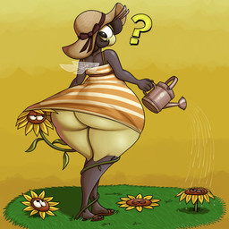 antennae_(anatomy) anthro big_butt black_hair bow_ribbon butt clothed clothing clothing_lift dress dress_lift female flower footwear grass hair hat headgear headwear holding_object huge_butt insect_wings looking_back mouthless plant question_mark rear_view sandals shoes solo sun_hat sundress sunflower vines watering_can wings vendant karri arthropod bee hymenopteran insect 1:1 hi_res