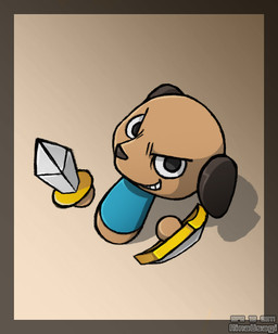ambiguous_gender anthro black_eyes brown_body brown_fur fur melee_weapon shield smile solo sword weapon u-l-t-r-o-s find_mii wandering_hero canid canine canis domestic_dog mammal