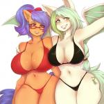 1:1 anthro big_breasts bikini breasts camel_toe cleavage clothed clothing cutie_mark duo equid equine eyewear fangs female glasses hasbro mammal my_little_pony pinkkoffin swimwear teeth thestral wide_hips