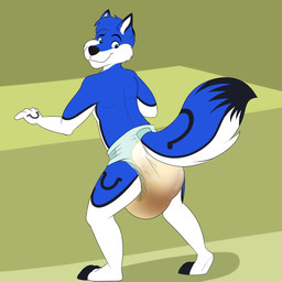 anthro clothed clothing diaper diaper_only feces male rear_view soiled soiled_diaper soiling solo topless unclean_diaper used_diaper wearing_diaper baltnwolf canid canine canis mammal wolf 1:1 digital_media_(artwork) hi_res