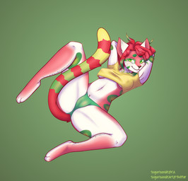 anthro breasts clothing crop_top female fur gradient green_body green_eyes green_fur green_hair hair hands_behind_head looking_at_viewer lying on_back panties pink_body pink_fur red_body red_fur red_hair shirt simple_background smile solo spots spread_legs spreading stripes topwear underwear white_body white_fur sugarbandit domestic_cat felid feline felis mammal hi_res