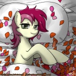 1:1 2011 bed earth_pony equid equine female feral friendship_is_magic furniture green_eyes hair hasbro horse john_joseco looking_at_viewer lying mammal multicolored_hair my_little_pony on_side petals pillow pony red_hair rose_(mlp) rose_petals smile solo two_tone_hair