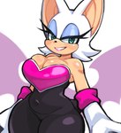 anthro armwear bare_shoulders breasts cleavage clothed clothing elbow_gloves eyeshadow female fur gloves green_eyes handwear light_body light_skin lipstick makeup narrowed_eyes simple_background smile solo white_body white_fur wings paperrose sega sonic_the_hedgehog_(series) rouge_the_bat bat mammal 2023