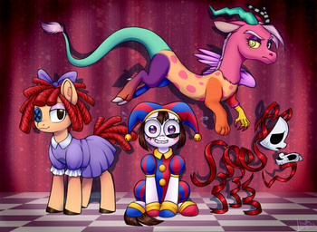 awkward_smile bell blue_eyeshadow button_(fastener) button_eyes clothing doll eyeshadow female feral fool's_hat group hat headgear headwear jester jingle_bell makeup mask ponification purple_eyeshadow rag_doll_(toy) sitting smile thousand_yard_stare unusual_eyes megabait_(artist) glitch_productions hasbro my_little_pony the_amazing_digital_circus gangle_(tadc) pomni_(tadc) ragatha_(tadc) zooble_(tadc) animate_inanimate chimera draconequus earth_pony equid equine fabric_creature horse living_doll living_mask living_toy mammal pony absurd_res digital_media_(artwork) hi_res nonbinary_(lore)