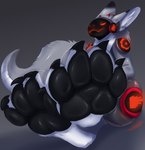 anthro barefoot black_pawpads feet fluffy fluffy_tail foot_fetish foot_focus fur grey_body grey_fur machine male pawpads paws protogen_visor soles solo tail toes jazzumi cursedthread protogen hi_res