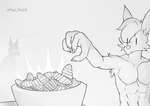 anthro being_watched bowl chips_(food) container dangerous duo food fur fur_tuft glistening glistening_eyes hair looking_at_another male muscular nude oblivious obscured_character reaching silhouette tuft maw-malice dusk_(maw-malice) canid canine canis mammal wolf absurd_res greyscale hi_res monochrome