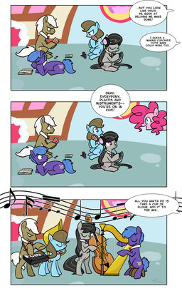 band bow_(feature) bow_(stringed_instrument) bow_tie bowed_string_instrument cello cutie_mark female feral fur group male music musical_instrument pink_body pink_fur quadruped string_instrument tail text three_frame_image unknown_artist friendship_is_magic hasbro my_little_pony bluenote_(mlp) harpo_(mlp) octavia_(mlp) pinkie_pie_(mlp) earth_pony equid equine horse mammal pony comic english_text hi_res