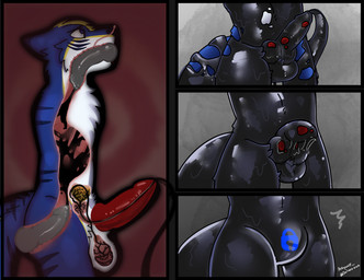 anal anal_penetration animal_genitalia anthro balls bladder bladder_penetration blue_body blue_eyes blue_fur bodily_fluids bound bulge cave drone dronification encasement fur genital_fluids genitals inside_balls internal internal_testicles knot knotted_penis latex latex_transformation lock_bulge lock_symbol male nasal nasal_penetration nasal_tube nude null_bulge oral oral_penetration organs penetration penis prostate prostate_penetration sheath solo stripes tail tentacles transformation urethral urethral_penetration urine artywolf bluefiger canid canine canis living_latex mammal wolf comic hi_res