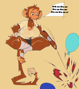 anthro arm_wraps balloon balloon_popping big_breasts blue_eyes breasts brown_body brown_fur brown_tail cleavage clothed clothing dipstick_tail ear_piercing ear_ring eyebrows eyelashes female fur half-closed_eyes huge_breasts inflatable laugh leg_wraps markings motion_blur motion_lines narrowed_eyes open_mouth panties piercing ring_piercing shirt smile solo speech_bubble standing_on_tail t-shirt tail tail_markings text topwear underwear white_clothing white_shirt white_t-shirt white_topwear wraps talons_tw bloons_tower_defense ninja_kiwi monkey_fist_(talons_tw) haplorhine mammal monkey primate 2025 hi_res