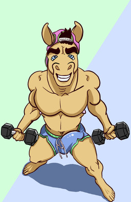 anthro bottomwear bulge clothed clothing detailed_bulge erection erection_under_clothing exercise genital_outline hat headgear headwear male muscular muscular_male partially_clothed penis_outline shorts sideways-pointing_bulge smile smiling_at_viewer solo weightlifting weights workout thathorseclyde equid equine horse mammal absurd_res hi_res