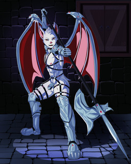 abs anthro armor balls chastity_cage chastity_device collar fur genitals greaves halberd harness holding_object holding_weapon male melee_weapon membrane_(anatomy) membranous_wings mostly_nude muscular muscular_anthro muscular_male nipples open_mouth polearm red_eyes silver_(metal) silver_armor snowflake solo standing weapon white_body white_fur wing_armor wings yuka_koshka bat mammal 4:5 absurd_res hi_res story_at_source