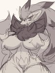 2024 3:4 absurd_res anthro big_breasts black_body black_fur breasts claws female fur generation_5_pokemon hair hi_res looking_at_viewer multicolored_hair nintendo nyaswitchnya pokemon pokemon_(species) simple_background solo thick_thighs tuft zoroark