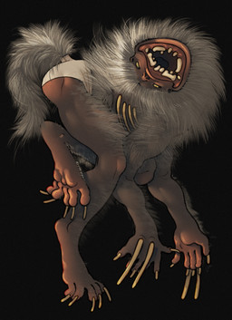 caricature claws clothing dark_body dark_skin fluffy fluffy_tail fur grey_body grey_fur long_claws long_feet long_fur male not_furry prancing sharp_teeth silly_pose simple_background smile solo speedo swimwear tail teeth underwear yellow_eyes ravuer bloodborne fromsoftware sony_corporation sony_interactive_entertainment humanoid monster silverbeast_(bloodborne) absurd_res hi_res