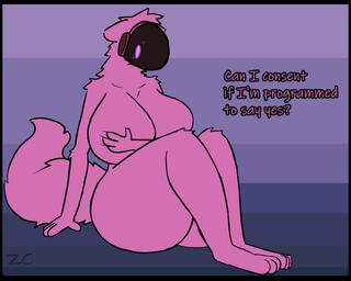 anthro big_breasts big_butt black_border border breasts butt covering covering_breasts covering_self curvy_figure cybernetics existential_crisis female fur hand_on_breast huge_breasts machine pink_body pink_fur protogen_visor sitting sitting_on_ground solo thick_thighs wide_hips zerocloak armorless_protogen cyborg robot robot_anthro 5:4 hi_res