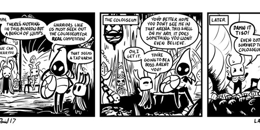 2_horns 3_panel_comic ambiguous_gender antennae_(anatomy) bench biped black_body black_eyes black_text cage chain dialogue exclamation_point eyebrows fingers gesture group hand_gesture holding_object holding_shield horn looking_at_another melee_weapon motion_lines mouth_closed nail_(weapon) on_bench pointing pointing_at_another question_mark shield sitting sitting_on_bench speech_bubble standing talking_to_another text text_box weapon weapon_on_back white_eyes x_eyes p5ych hollow_knight_(franchise) team_cherry bretta_(hollow_knight) elderbug_(hollow_knight) the_knight_(hollow_knight) tiso_(hollow_knight) arthropod vessel_(species) black_and_white comic english_text monochrome female_(lore) male_(lore)