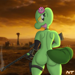 2_tails anthro arm_warmers armwear big_butt bubble_butt butt butt_focus city city_background clothing desert eyelashes female green_body gun head_flower holding_gun holding_object holding_ranged_weapon holding_weapon jewelry looking_at_viewer looking_back multi_tail necklace new_vegas nude nude_anthro nude_female outside pip-boy pokemorph ranged_weapon rear_view rifle smoke smoking_gun sniper_rifle solo standing tail thick_thighs thigh_pouch weapon wide_hipped_female wide_hips yellow_eyes ninjatreecko fallout microsoft nintendo pokemon fan_character fern_shinamori generation_3_pokemon pokemon_(species) reptile scalie treecko 1:1 hi_res