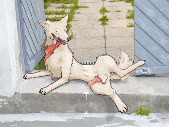 anatomically_correct animal_genitalia animal_penis anus balls bodily_fluids canine_genitalia canine_penis cum cum_drip cum_on_ground detailed_background door doorway dripping erection eyes_closed feral front_view fur fur_markings genital_fluids genitals hair kerchief knot knotted_penis leaking_cum long_hair lying lying_on_ground male markings navel neckerchief neckwear on_ground on_side one_ear_up one_leg_up open_mouth outside penis plant presenting presenting_balls presenting_penis raised_leg smile snout solo spread_legs spreading stairs tail tan_body tongue tongue_out toony tuft hotdogmeat maximilian_(hotdogmeat) canid canine canis domestic_dog mammal 2025 absurd_res digital_media_(artwork) hi_res