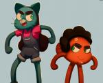 anthro blue_background bottomwear clothing cosplay curled_hair duo hair male shirt shorts simple_background topwear drockdraw cartoon_network steven_universe the_amazing_world_of_gumball connie_maheswaran darwin_watterson gumball_watterson steven_quartz_universe cyprinid cypriniform domestic_cat felid feline felis fish goldfish mammal marine brother_(lore) brothers_(lore) sibling_(lore)