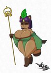 anthro asian_clothing barefoot big_breasts bob_cut breasts brown_body brown_fur cleavage cleavage_overflow clothed clothing east_asian_clothing eyes_closed feet female fur gold_(metal) hair holding_object holding_staff huge_breasts japanese japanese_clothing kimono kimono_only leaf mostly_nude purple_hair royalty simple_background solo staff thick_calves thick_thighs white_background tansau canid canine mammal raccoon_dog tanuki hi_res signature