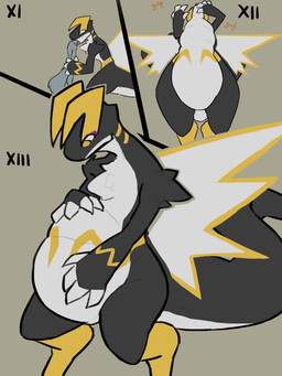 abdominal_bulge anthro belly big_belly black_body blue_body claws duo male male/male oral_vore vore white_belly white_claws yelling_mouse palworld pocketpair orserk pal_(species) 3:4 absurd_res hi_res