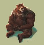 anthro bottomwear brown_body brown_fur clothing fur humanoid_hands male overweight overweight_anthro overweight_male shorts simple_background sitting solo starlimisky bear mammal 2020