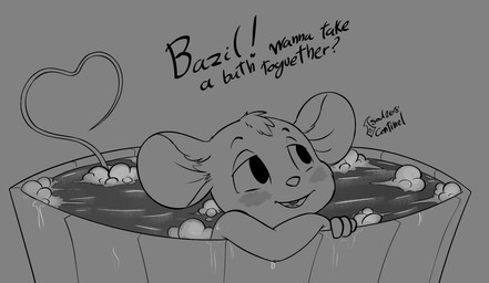 anthro bath blush dialogue female female_anthro flirting fur gesture nude smile solo tail tail_gesture tail_heart text water young young_anthro young_female soulcentinel disney the_great_mouse_detective olivia_flaversham house_mouse mammal mouse murid murine rodent 2018 english_text hi_res monochrome signature