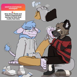 anthro barefoot clothing drool_on_feet duo feet foot_fetish footwear fur male male/male musk paws simple_background spots text mrpawpaw aggretsuko ngl sanrio haida_(aggretsuko) tadano_(aggretsuko) asinus donkey equid equine hyena mammal 1:1 digital_media_(artwork) english_text hi_res