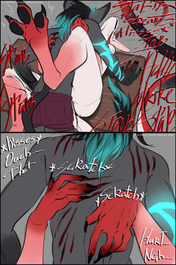 anthro arm_tattoo black_hair black_hands black_nails blood blue_hair blue_horn bodily_fluids bottomwear clothing colored_nails dialogue duo femboy furniture gore gore_focus hair horn intersex intersex/male knife knife_in_vagina knife_play long_ears male masochism nails on_table pain pants red_hands red_horn satisfied scar scratch_mark scratches scratching screaming stab table tattoo text wounded skwerna_timido skwerna lizard reptile scalie succubus comic hi_res nonbinary_(lore)