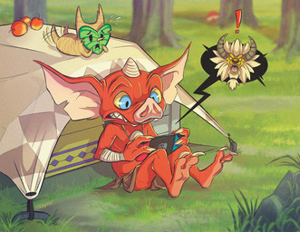 2_toes ambiguous_gender anthro apple blue_eyes bottomwear clothed clothing feet food fruit group horn jewelry loincloth loincloth_only male necklace nintendo_switch_console notched_ear plant red_body teeth toes topless trio yellow_sclera thesketchprince breath_of_the_wild nintendo the_legend_of_zelda blin_(tloz) bokoblin elemental_creature elemental_humanoid flora_fauna humanoid korok lynel plant_humanoid digital_media_(artwork)