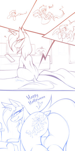 bed bedroom butt butt_crush crush duo extreme_size_difference female female/female feral flattened furniture holidays horn jack-o'-lantern looking_at_another looking_back looking_back_at_another micro not_furry sitting sitting_on_another size_difference squish wings darky_wings halloween hasbro my_little_pony mythology chrystal_(chrystal_company) darky_wings_(character) equid equine ghost horse mammal mythological_creature mythological_equine pegasus pony spirit unicorn 1:2 absurd_res comic hi_res