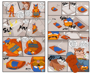 4_toes anthro clothed clothing dialogue duo emanata featureless_crotch feet flattened flattening_fetish folded foot_fetish foot_focus foot_play insole male male/male male_anthro nude nude_anthro nude_male pawpads paws soles speech_bubble text toes topless topless_anthro topless_male trampling transformation eccentricchimera squishdingo_(character) canid canine canis dingo mammal comic english_text hi_res