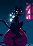 ambiguous_gender anthro ball_of_yarn black_body black_fur chest_tuft fur looking_at_viewer neon_lights sitting solo tuft whiskers window yarn hydrabb domestic_cat felid feline felis mammal 2023 digital_media_(artwork)