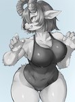 anthro big_breasts breasts camel_toe cleavage clothed clothing female grin horn leaning leaning_forward looking_aside one-piece_swimsuit simple_background smile solo swimwear teeth wet sleepiness18 doris_(sleepiness18) bovid caprine goat mammal absurd_res greyscale hi_res monochrome