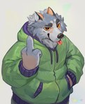 anthro clothing facial_scar fur gesture green_clothing green_hoodie green_topwear grey_body grey_fur hand_gesture hand_in_pocket hoodie looking_at_viewer male middle_finger pockets scar simple_background solo tan_background tongue tongue_out topwear yellow_eyes toicobis canid canine canis mammal wolf 2023 absurd_res half-length_portrait hi_res portrait