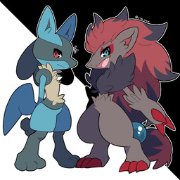 ambiguous_gender anthro black_body black_fur blue_body blue_eyes blue_fur chibi claws cute_fangs digitigrade duo eye_markings facial_markings fangs feral fur hair head_markings looking_at_viewer markings multicolored_body multicolored_fur multicolored_hair nude open_mouth red_body red_eyes red_fur simple_background smile standing teeth tongue two_tone_body two_tone_fur two_tone_hair 220_vvv nintendo pokemon canid canine generation_4_pokemon generation_5_pokemon lucario mammal pokemon_(species) zoroark 1:1 2020 digital_media_(artwork) signature