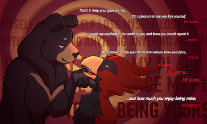 abstract_background anthro beak consent dialogue dominant dominant_female duo eye_contact feathers female fur gentle_femdom glowing glowing_eyes half-closed_eyes holding_chin holding_face hypnosis looking_at_another male male/female mind_break mind_control narrowed_eyes nude open_mouth ownership paws relaxed_expression repeated_dialogue repeated_text ringed_eyes smile spiral spiral_background submissive submissive_male text text_emphasis mesmeristmina mina_(mesmeristmina) rory_(mesmeristmina) avian bear bird cardinal_(bird) mammal oscine passerine ursine 5:3 digital_media_(artwork) english_text hi_res