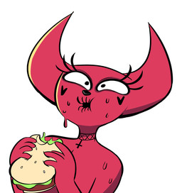 2_horns bodily_fluids burger cross cross_necklace eating eating_food eyelashes female food heart_(marking) horn inverted_cross jewelry markings necklace not_furry red_body red_face red_horn red_skin simple_background solo sweat white_background qwerty_soda crackers_(qwerty_soda) demon 2020 bust_portrait digital_drawing_(artwork) digital_media_(artwork) hi_res portrait