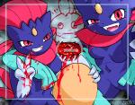 ambiguous_gender amphibian anthro blood blush bodily_fluids camera claws death decapitation female g-sun generation_3_pokemon generation_4_pokemon genitals gore group humor mammal marshtomp mustelid nintendo open_mouth pokemon pokemon_(species) pussy red_eyes smile snuff teeth tongue weavile