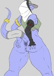 anthro anus blue_body breasts butt claws clothed clothing female genitals hat headgear headwear mature_female muscular muscular_female partially_clothed pussy simple_background smile solo tail yellow_eyes tolerain scalie absurd_res hi_res