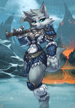 anthro armor axe battle_axe biped blue_eyes bottomwear bracers clothed clothing female fur grey_body grey_fur ice knee_pads lava leather leather_armor loincloth looking_at_viewer melee_weapon moon mountain neck_tuft outside pauldron pawpads skimpy smile snow snowing solo standing tuft weapon white_body white_fur atryl blizzard_entertainment warcraft canid canine canis mammal wolf 2015 hi_res