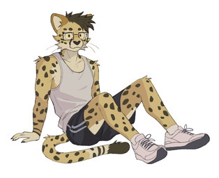 anthro athletic_wear black_bottomwear black_clothing black_hair black_nose black_shorts bottomwear clothing eyewear footwear fur glasses gym_bottomwear gym_shorts hair hands_behind_back looking_at_viewer male male_anthro markings mouth_closed multicolored_tail rectangular_glasses shirt shoes shorts simple_background sitting sneakers solo spots spotted_body spotted_fur tail tank_top topwear whiskers white_background white_clothing white_footwear white_shirt white_shoes white_tank_top white_topwear yellow_body yellow_fur sneasul panzica cheetah felid feline mammal hi_res
