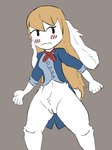 anthro blonde_hair bottomless clothed clothing female genitals hair partially_clothed pussy solo tail anonymous_artist alice_in_wonderland coupon_alice lagomorph leporid mammal rabbit