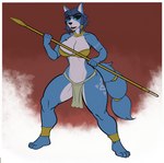 anthro barefoot blue_body blue_fur blue_hair box-s breasts canid canine clothed clothing curvy_figure feet female fox fur green_eyes hair hi_res jewelry krystal_(star_fox) mammal nintendo no_underwear pinup plantigrade pose solo star_fox thick_thighs weapon