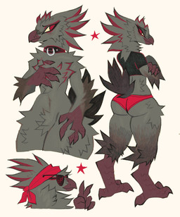 accessory ambiguous_anthro ambiguous_gender anthro arm_tuft avian_feet beak big_butt black_clothing black_collar black_shirt black_t-shirt black_topwear butt calf_tuft cheek_tuft chest_tuft closed_beak clothed clothed_ambiguous clothed_anthro clothing collar crossed_arms crotch_tuft elbow_tuft eyewear facial_tuft feathers green_body green_feathers headband highlights_(coloring) huge_thighs leg_tuft multicolored_body multicolored_feathers panties purple_beak purple_feet purple_hands purple_scutes rear_view red_body red_clothing red_eyes red_feathers red_headband red_highlights red_panties red_star red_underwear scutes shirt simple_background small_waist solo sunglasses t-shirt tan_background thick_thighs topwear tuft underwear wide_hips yellow_sclera thorn_paw avian bird corvid corvus_(genus) crow oscine passerine full-length_portrait hi_res multiple_images portrait