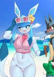 anthro anthrofied beach blue_body blue_fur bottomless breasts bulge casual_exposure clothed clothing erection erection_under_clothing female fur genitals holowear_(pokemon) male partially_clothed pussy red_eyes solo_focus wolflong nintendo pokemon pokemon_unite beach_style_glaceon canid canine eeveelution generation_4_pokemon glaceon lucario mammal pokemon_(species) hi_res