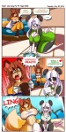 angry anthro big_breasts breasts cleavage clothed clothing dialogue duo eyewear female glasses heart_symbol navel text tiger1001 ling_fei shari_(tiger1001) bear canid canine fox giant_panda mammal comic digital_media_(artwork) english_text hi_res